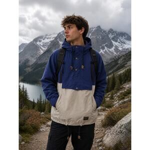 Burton Anorak Jacket Mens L Blue Beige Windbreaker Outdoor Lightweight Hooded